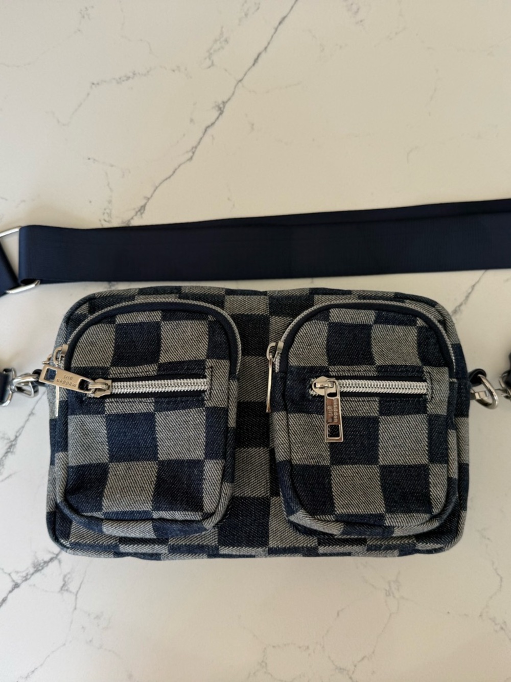 Madden Girl Denim Checkered Dual-Pocket Crossbody